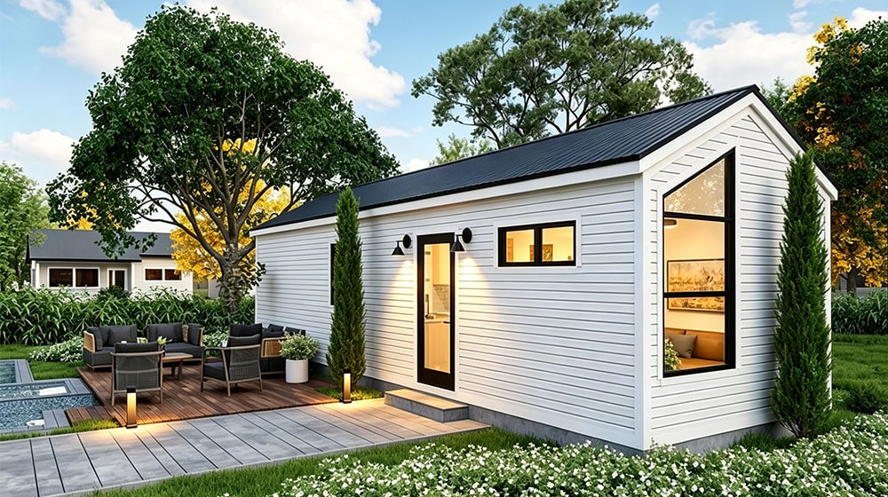 Modern tiny house with a spacious outdoor patio, cozy seating area, and lush green garden, set in a serene environment with mature trees and contemporary design elements.