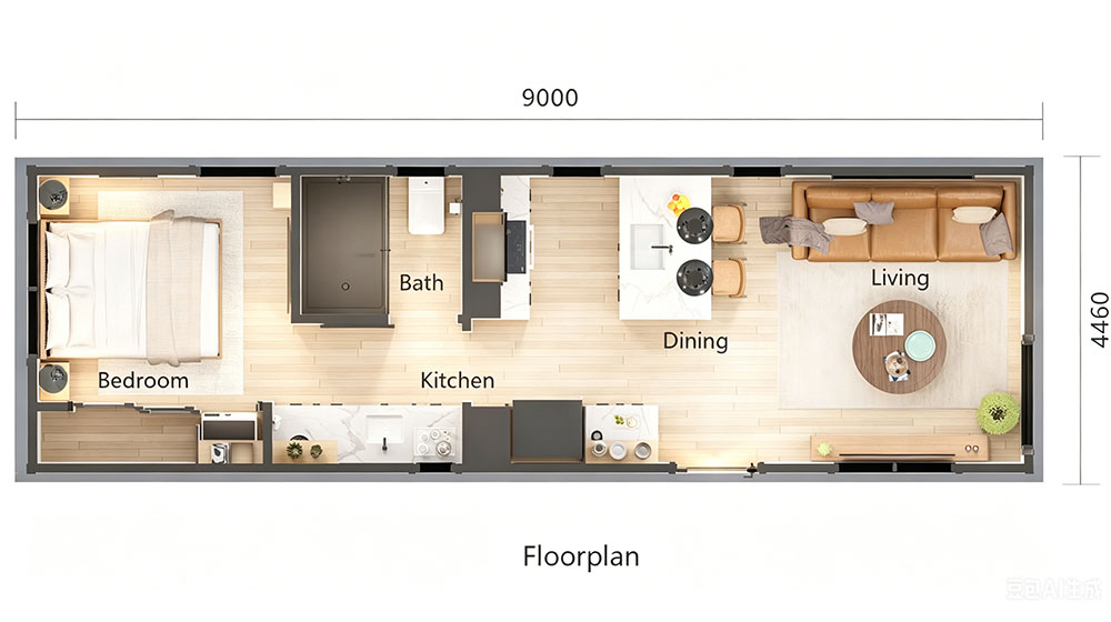 Detailed floorplan of a modern tiny home featuring a bedroom, bathroom, kitchen, dining area, and living room in a compact, efficient layout.