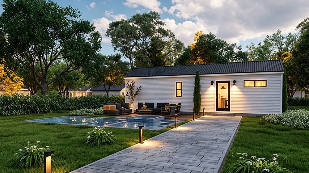 Modern backyard with pool, outdoor seating, and garden lighting at dusk.