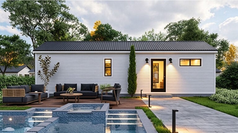 Contemporary white house featuring a backyard pool, outdoor seating area with sofas and chairs, lush greenery, and a well-maintained lawn, ideal for outdoor relaxation and entertainment.