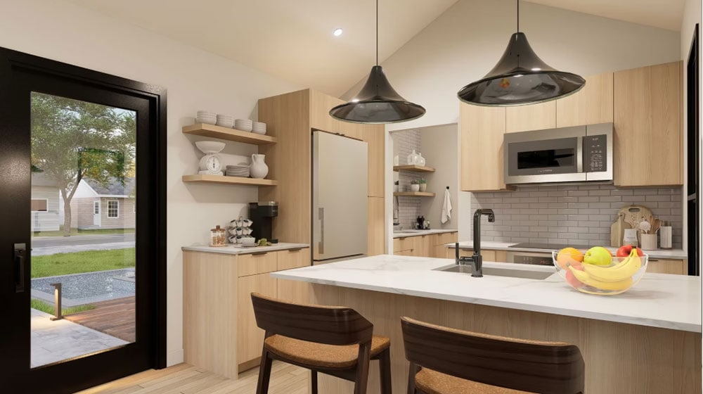 Modern minimalist kitchen featuring natural wood cabinetry, a white countertop island, stainless steel appliances, and pendant lighting, creating a bright and inviting space.