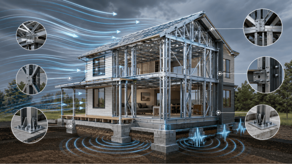 A smart home under construction featuring integrated climate control technology, with detailed close-ups of ventilation, insulation, and smart system components.