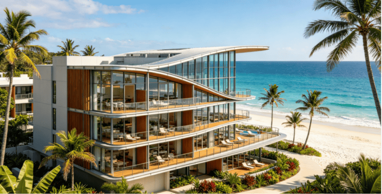 Modern beachfront steel prefab building with ocean view, featuring curved glass facades and spacious balconies, set against a tropical beach backdrop. Ideal for luxury resorts or coastal residences.