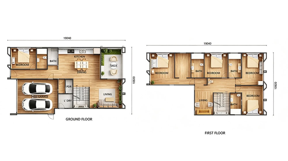 Detailed floor plan of a modern two-story house with labeled rooms and dimensions, showcasing a ground floor and first floor layout.