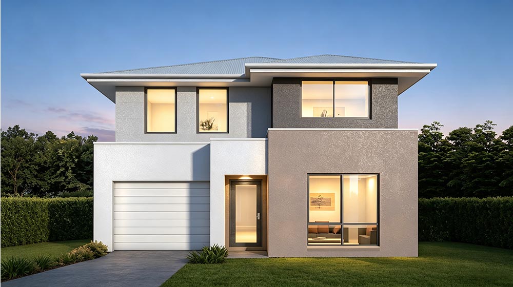 Contemporary two-storey house with large windows, a garage, and a landscaped front yard, showcasing sleek design and modern architecture.