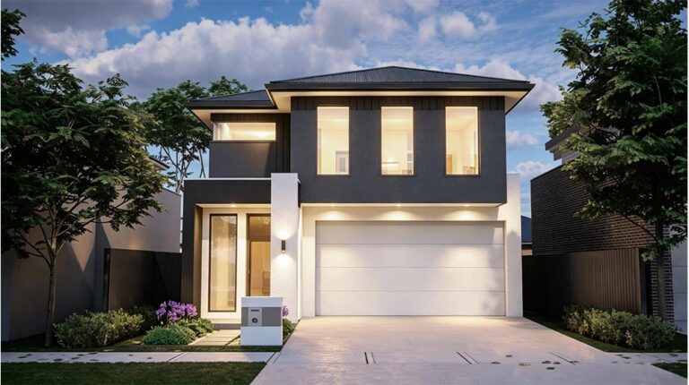 Contemporary two-storey family house with sleek design, large windows, and a spacious garage, set in a landscaped yard with trees and a clear blue sky.