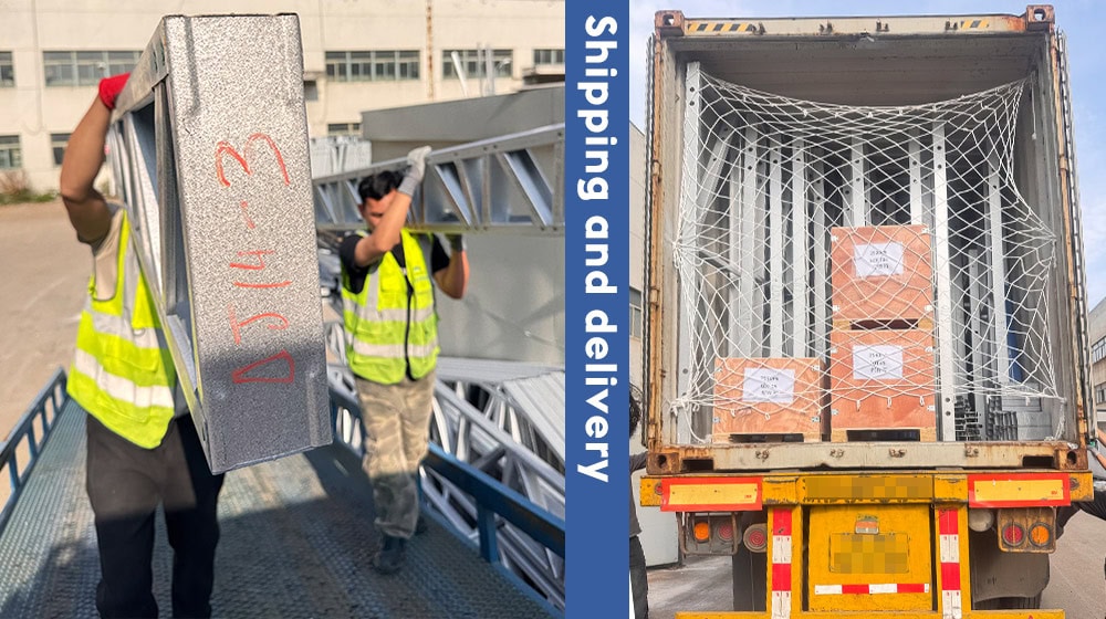 Workers in safety vests loading large metal panels and boxes into a shipping container for delivery.