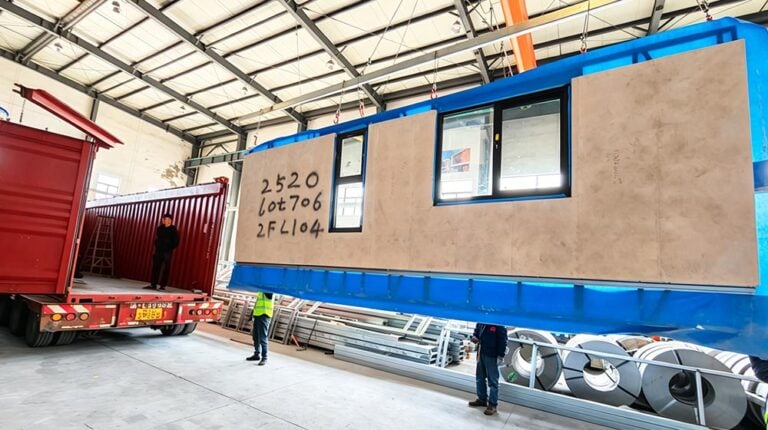 Large blue modular home panel with windows being installed in a factory setting, with workers overseeing the process.