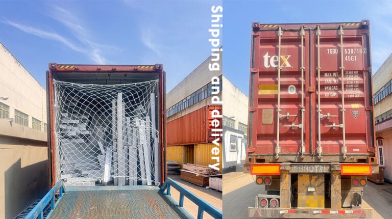 Two shipping containers, one with a soccer goal net and the other with cargo markings, situated in an industrial area under a clear blue sky.