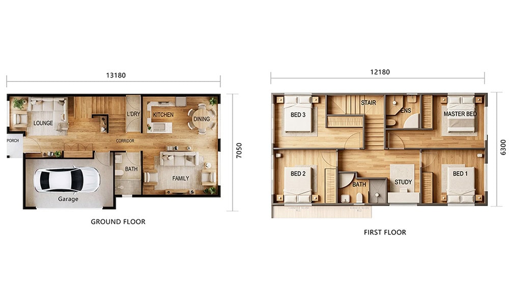 Detailed floor plan of Adelaide House showing ground and first floors with bedrooms, living areas, and garage, designed by DEEPBLUE SMARTHOUSE.