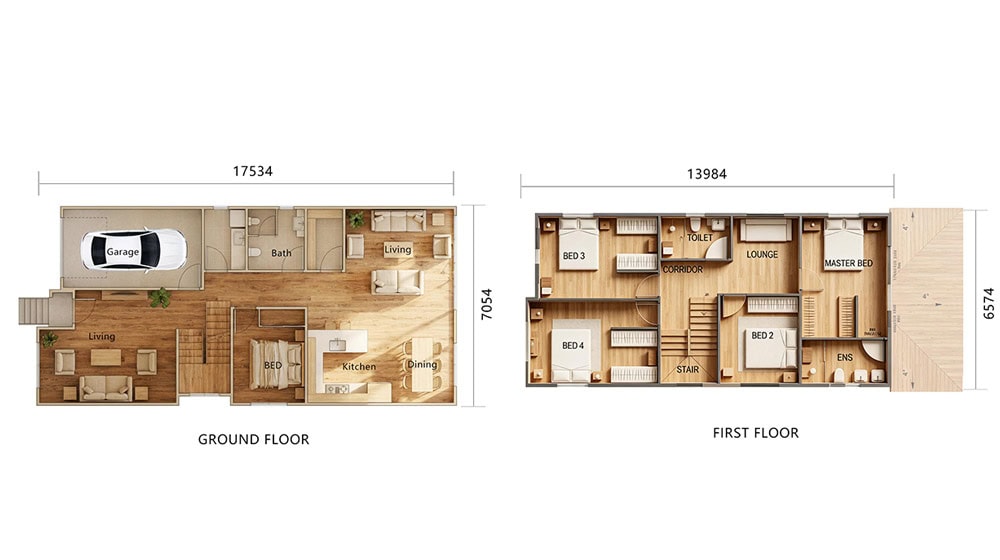 Detailed floor plan of Adelaide House showing ground and first floors with bedrooms, living areas, and garage.
