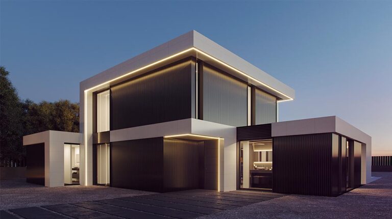 Contemporary modern building featuring sleek black and white exterior with large glass windows and minimalist architecture, ideal for modern home or office spaces.