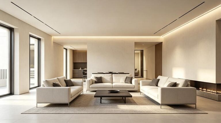 Elegant modern living room featuring neutral-colored sofas, large windows, and contemporary decor for a stylish, comfortable home environment.