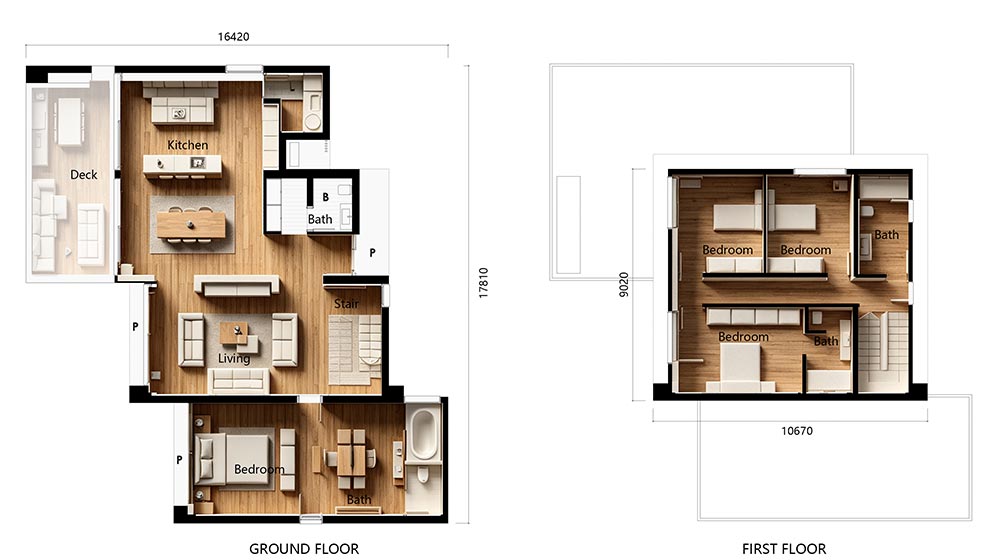 Detailed floor plan of a modern coastal home featuring a ground floor with a deck, kitchen, living area, bedroom, and bathroom, and a first floor with three bedrooms and a bathroom.