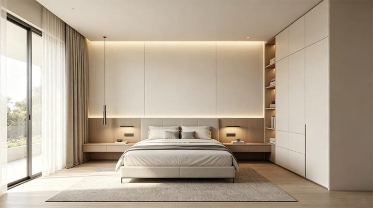 Modern minimalist bedroom with neutral tones, large window with sheer curtains, and sleek built-in storage, creating a calm and inviting sleeping space.