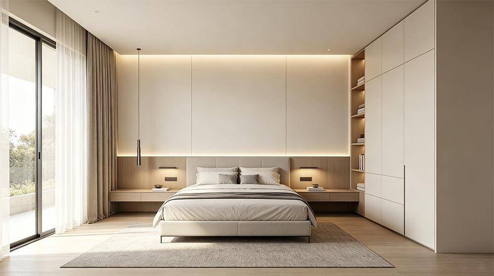 Modern minimalist bedroom with neutral tones, large window with sheer curtains, and sleek built-in storage, creating a calm and inviting sleeping space.
