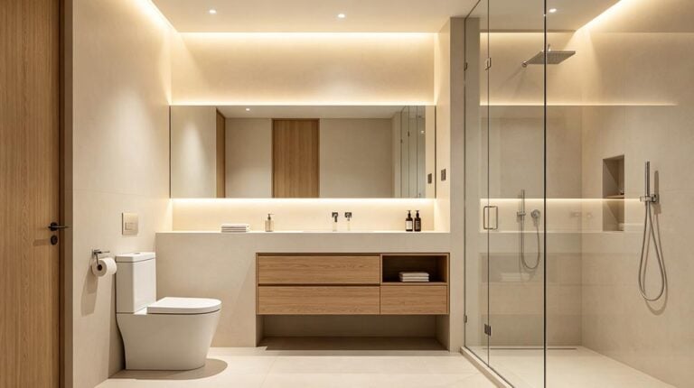 Modern minimalist bathroom featuring a sleek glass shower, wall-mounted toilet, and wooden vanity with integrated lighting for a clean, contemporary look.