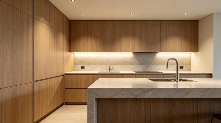Modern minimalist kitchen featuring sleek wooden cabinets, a marble countertop island, and integrated lighting for a contemporary and elegant look.