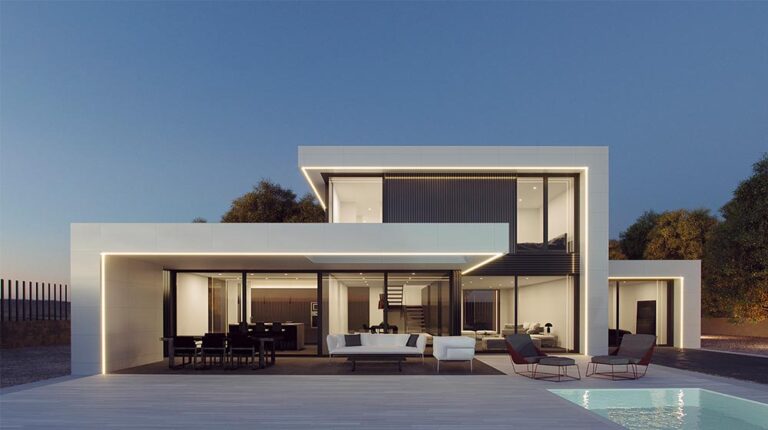 Elegant contemporary home featuring a sleek design, large glass windows, and an inviting outdoor pool area perfect for relaxation and entertaining.