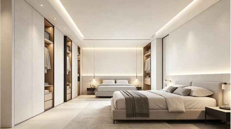 Modern minimalist bedroom featuring sleek built-in wardrobes, a spacious bed with neutral bedding, and soft ambient lighting creating a calm and elegant atmosphere.