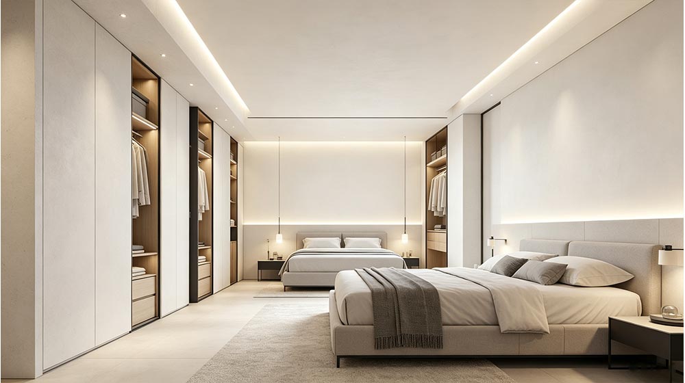 Modern minimalist bedroom featuring sleek built-in wardrobes, a spacious bed with neutral bedding, and soft ambient lighting creating a calm and elegant atmosphere.