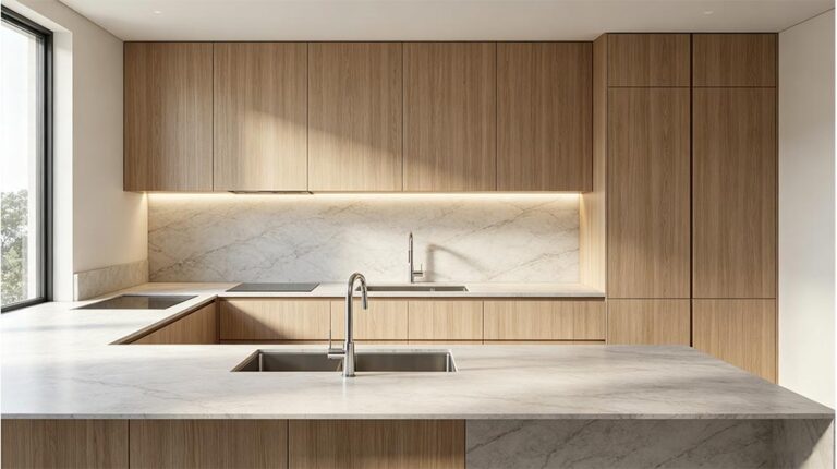 Modern minimalist kitchen featuring sleek wooden cabinets, marble countertops, and integrated lighting for a contemporary and elegant look.