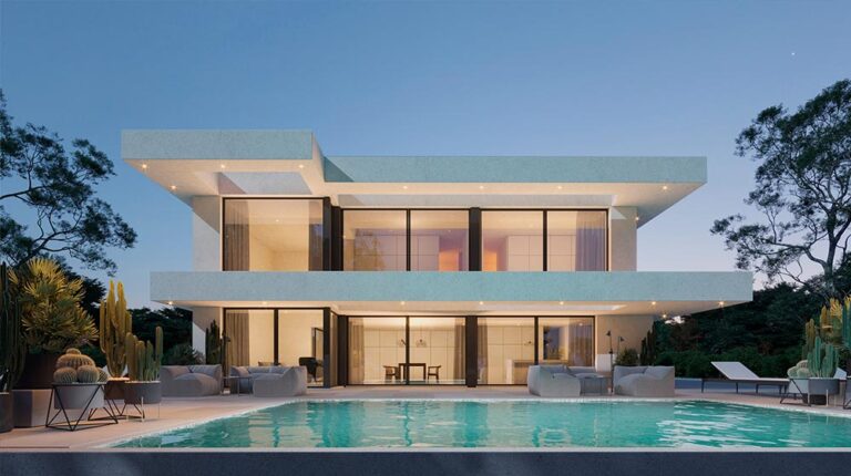 Contemporary luxury home featuring a sleek design, large glass windows, and an inviting swimming pool, perfect for modern living and outdoor relaxation.