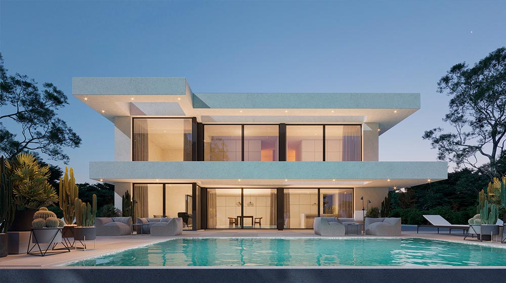 Contemporary luxury home featuring a sleek design, large glass windows, and an inviting swimming pool, perfect for modern living and outdoor relaxation.