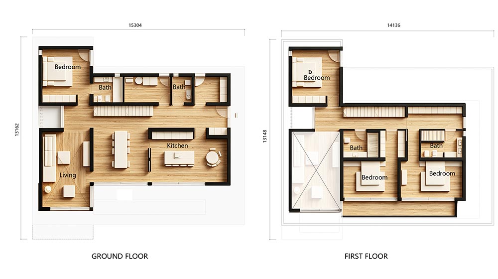 Detailed blueprint of a modern two-story house showing ground and first-floor layouts with bedrooms, bathrooms, kitchen, and living areas.