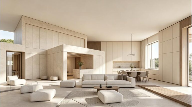 Modern minimalist living room featuring neutral tones, spacious layout, and large windows allowing abundant natural light. Elegant furniture and contemporary design create a serene, stylish atmosphere.