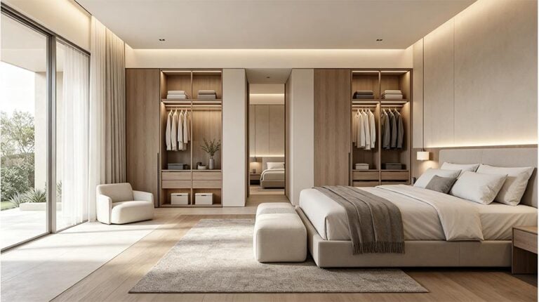 Bright and spacious bedroom featuring an open walk-in closet with organized clothing storage, large windows allowing ample natural light, neutral color palette, and contemporary decor for a luxurious.