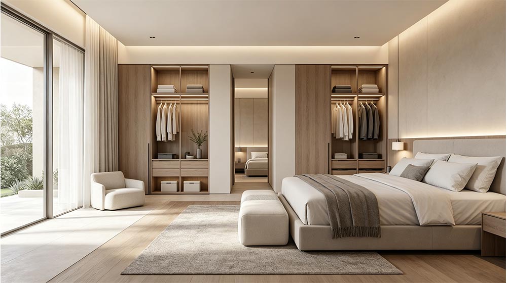 Bright and spacious bedroom featuring an open walk-in closet with organized clothing storage, large windows allowing ample natural light, neutral color palette, and contemporary decor for a luxurious.