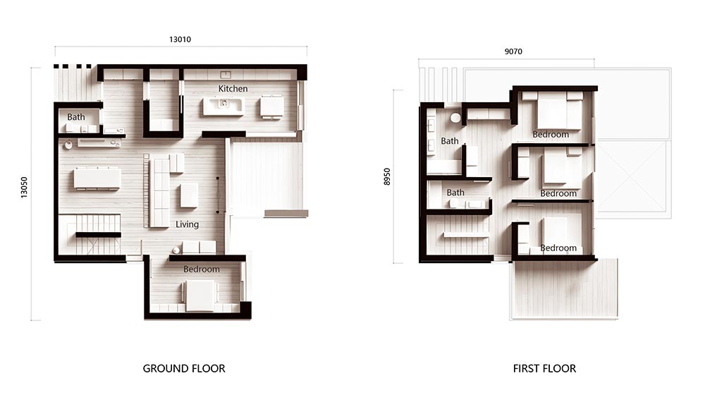 Spacious two-story house layout featuring a modern design, open-concept living room, kitchen, multiple bedrooms, and bathrooms, ideal for contemporary family living.