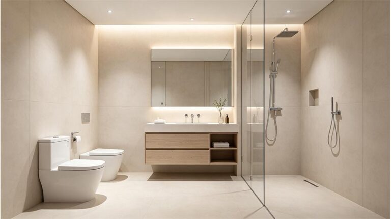 Contemporary minimalist bathroom featuring a walk-in shower, double vanity, neutral tones, and sleek design for a luxurious, spa-like experience.