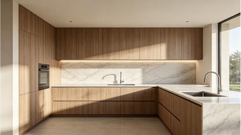 Contemporary kitchen featuring sleek wooden cabinets, marble countertops, and large windows providing natural light, ideal for modern home design.