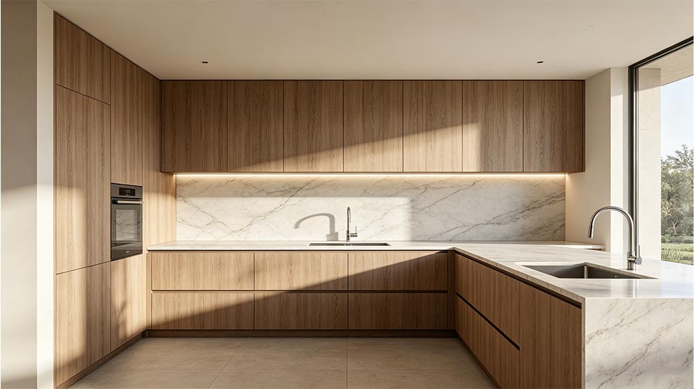 Contemporary kitchen featuring sleek wooden cabinets, marble countertops, and large windows providing natural light, ideal for modern home design.