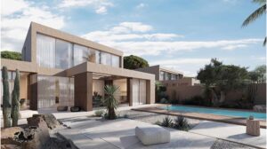 Luxury modern home with swimming pool, outdoor seating, and landscaped garden in a sunny setting.