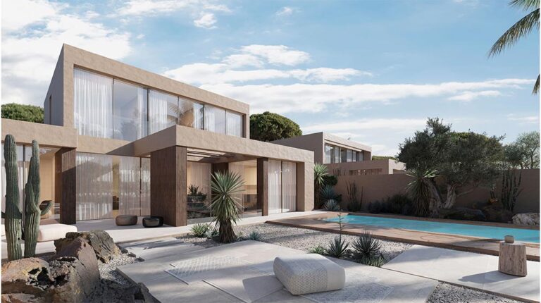 Luxury modern home with swimming pool, outdoor seating, and landscaped garden in a sunny setting.