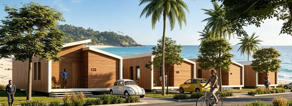 Beachfront tiny homes with modern design, surrounded by palm trees and lush greenery, offering scenic ocean views. Perfect for sustainable living and vacation retreats near the beach.