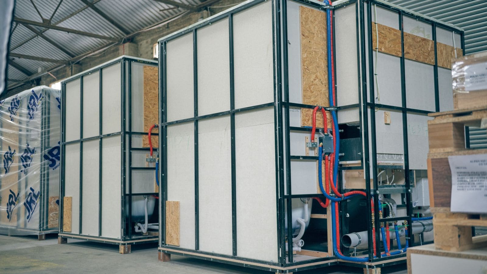 a group of modular bathroom pods with customizable designs