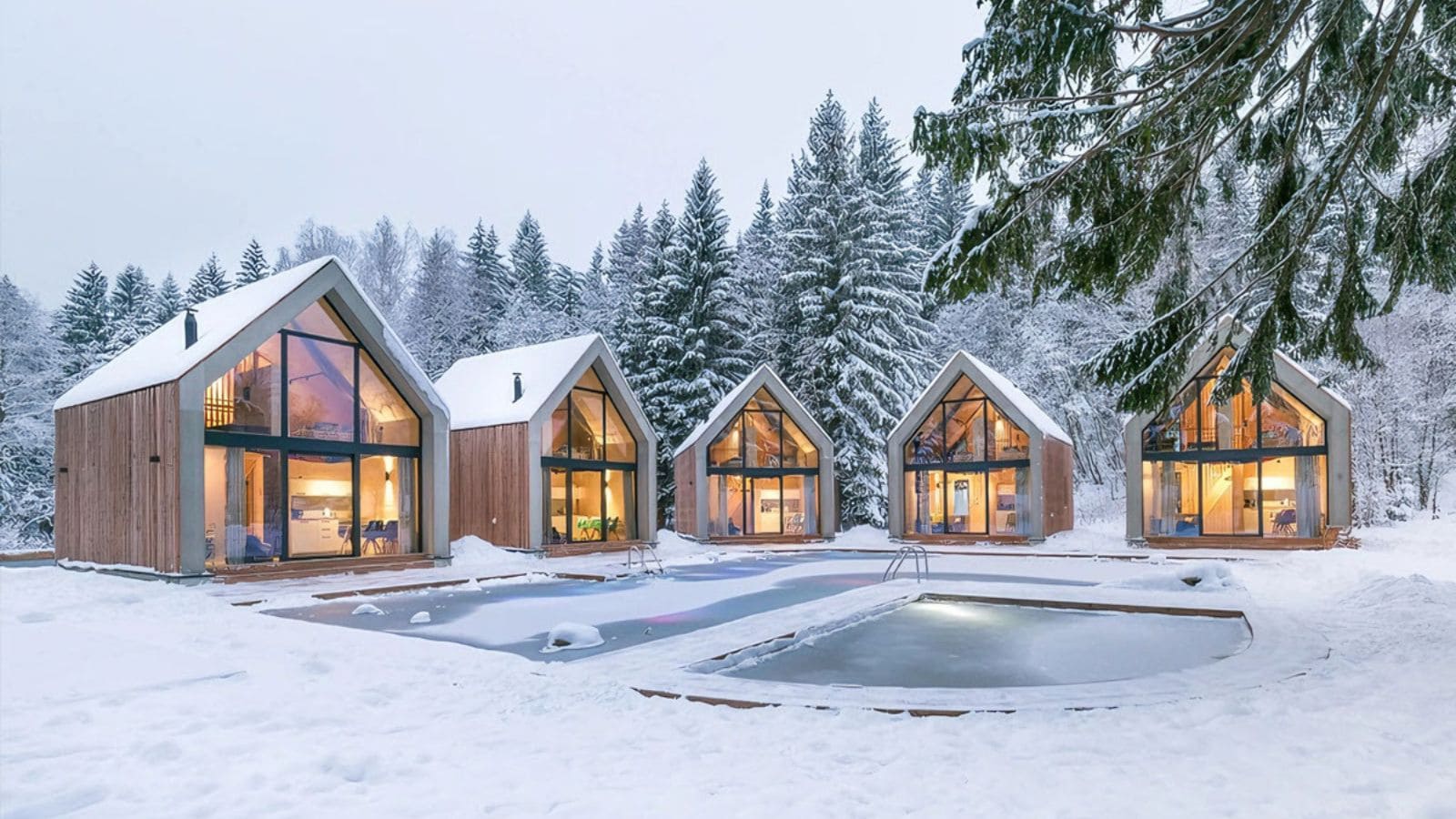 a prefab resort with identical modular buildings