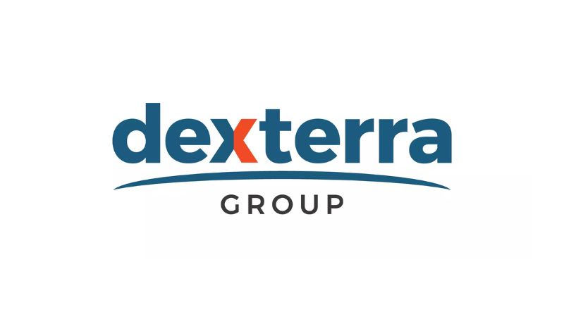 Dexterra Group logo featuring modern typography with a blue and orange color scheme, representing innovation and sustainability in the construction and engineering industry.