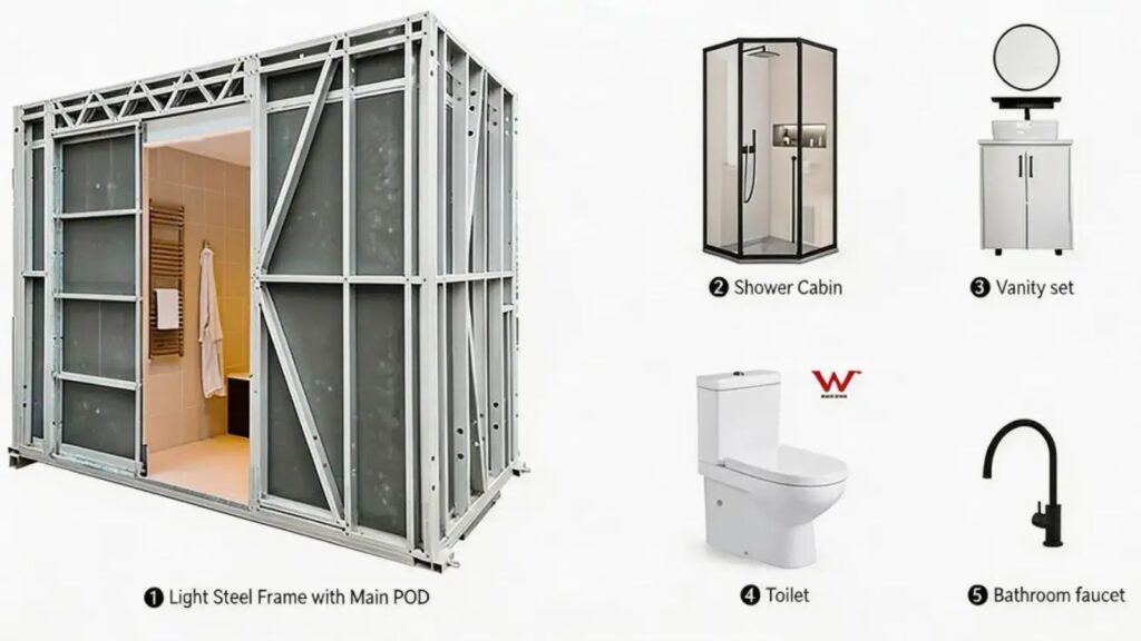 main modular bathroom pod with accessories