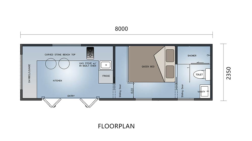 Floorplan of a compact living space by Deepblue, featuring a kitchen, bedroom with queen bed, bathroom with shower and toilet, and entry area.