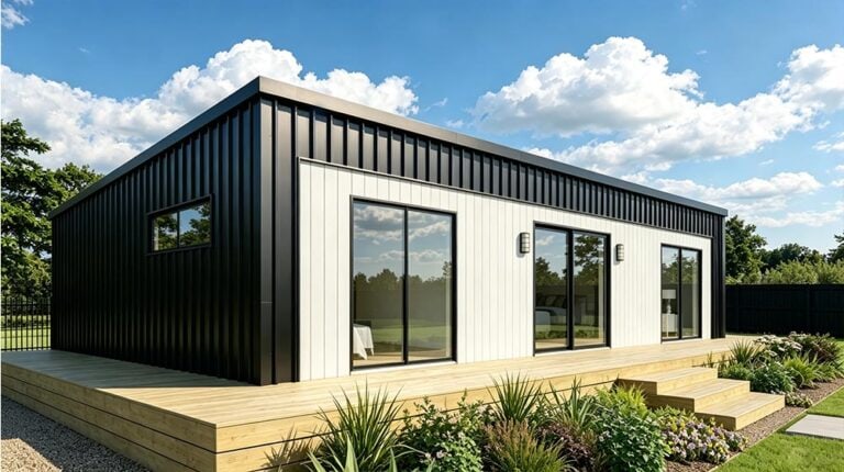 Hedendaagse modulaire woning met een zwart-witte buitenkant, grote glazen deuren en een houten terras, tegen een helderblauwe hemel met wolken.