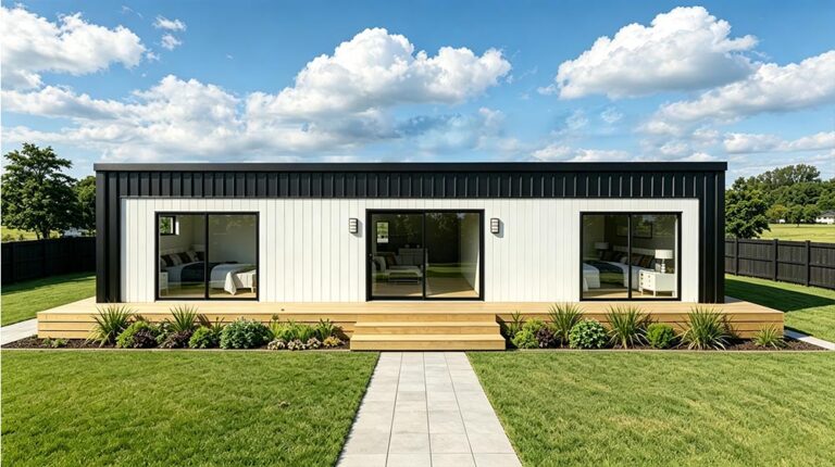 Hedendaagse tiny house met een strakke zwart-witte buitenkant, grote glazen deuren en een houten terras, gelegen in een weelderige groene tuin onder een blauwe hemel met wolken.