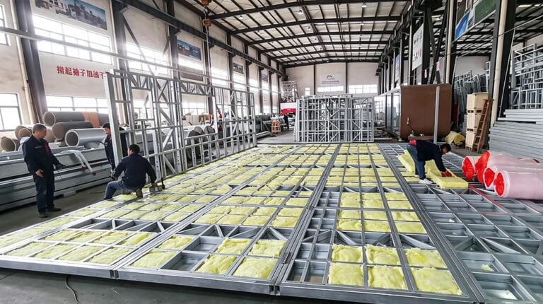 Workers assembling the metal framework and insulation panels for a prefab house in a factory setting.