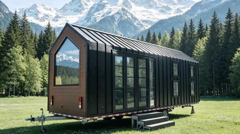 Contemporary tiny home on wheels with large glass windows, set in a lush green field surrounded by pine trees and snow-capped mountains in the background.