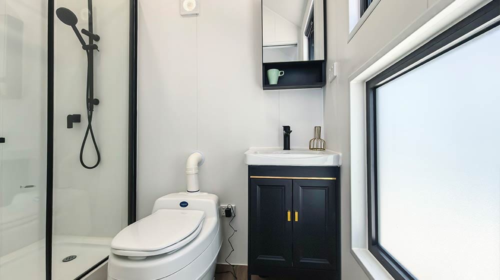 Contemporary bathroom featuring a glass shower enclosure, a sleek toilet, and a dark vanity with a mirror, illuminated by natural light from large windows.