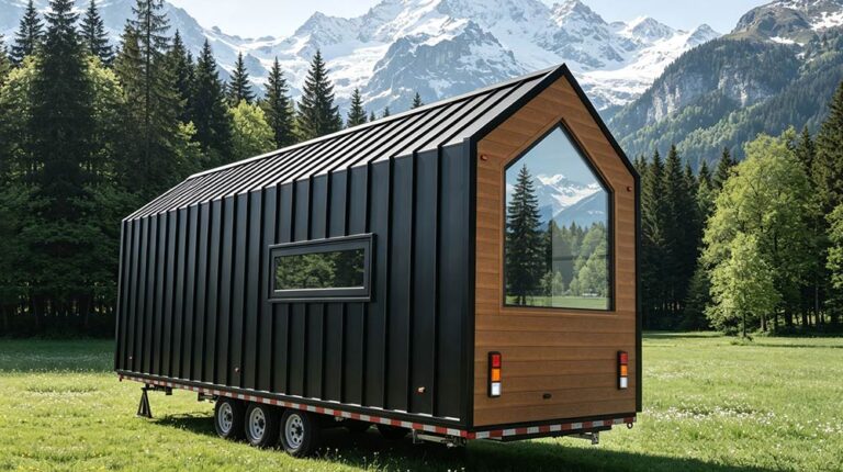 Contemporary tiny home on wheels with black exterior and large front window, set in a lush green landscape with mountains in the background.